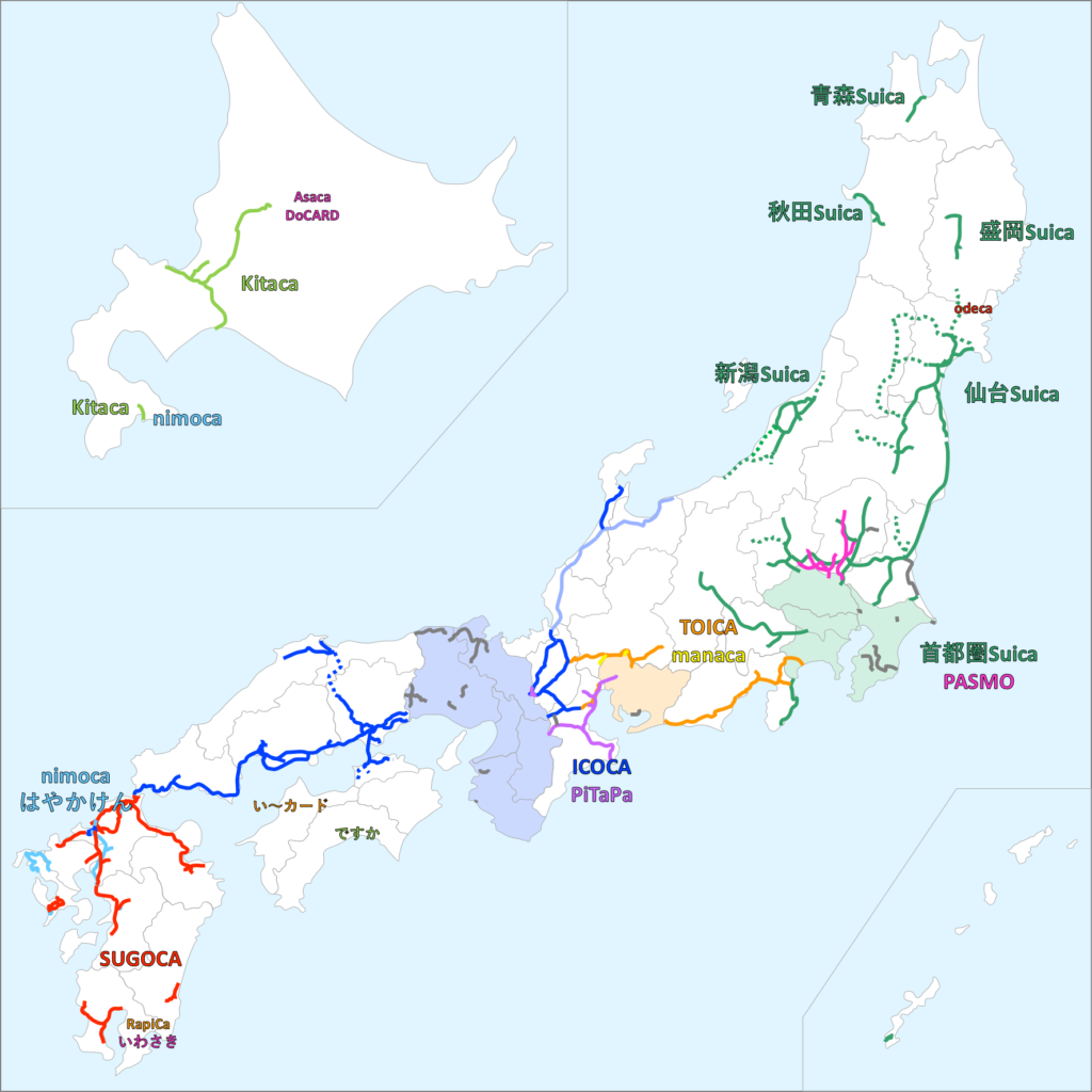 japan-ic-cards-coverage A detailed map of Japan displaying different travel routes and the areas where IC cards are accepted.